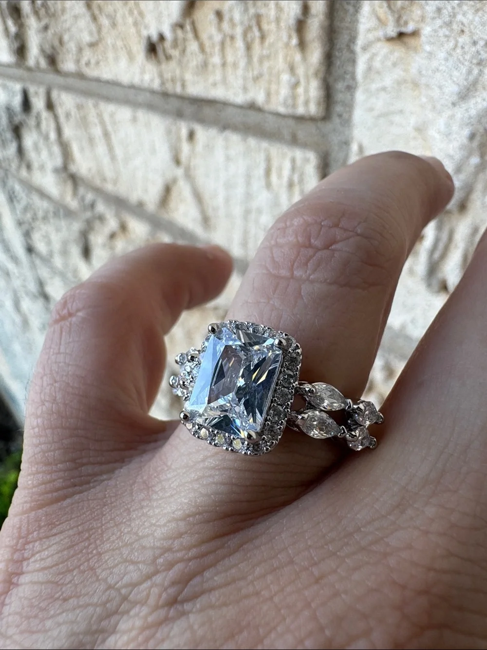 Silver Cubic Zirconia Halo Engagement Ring  Clear Crystal Sparkly Size 6